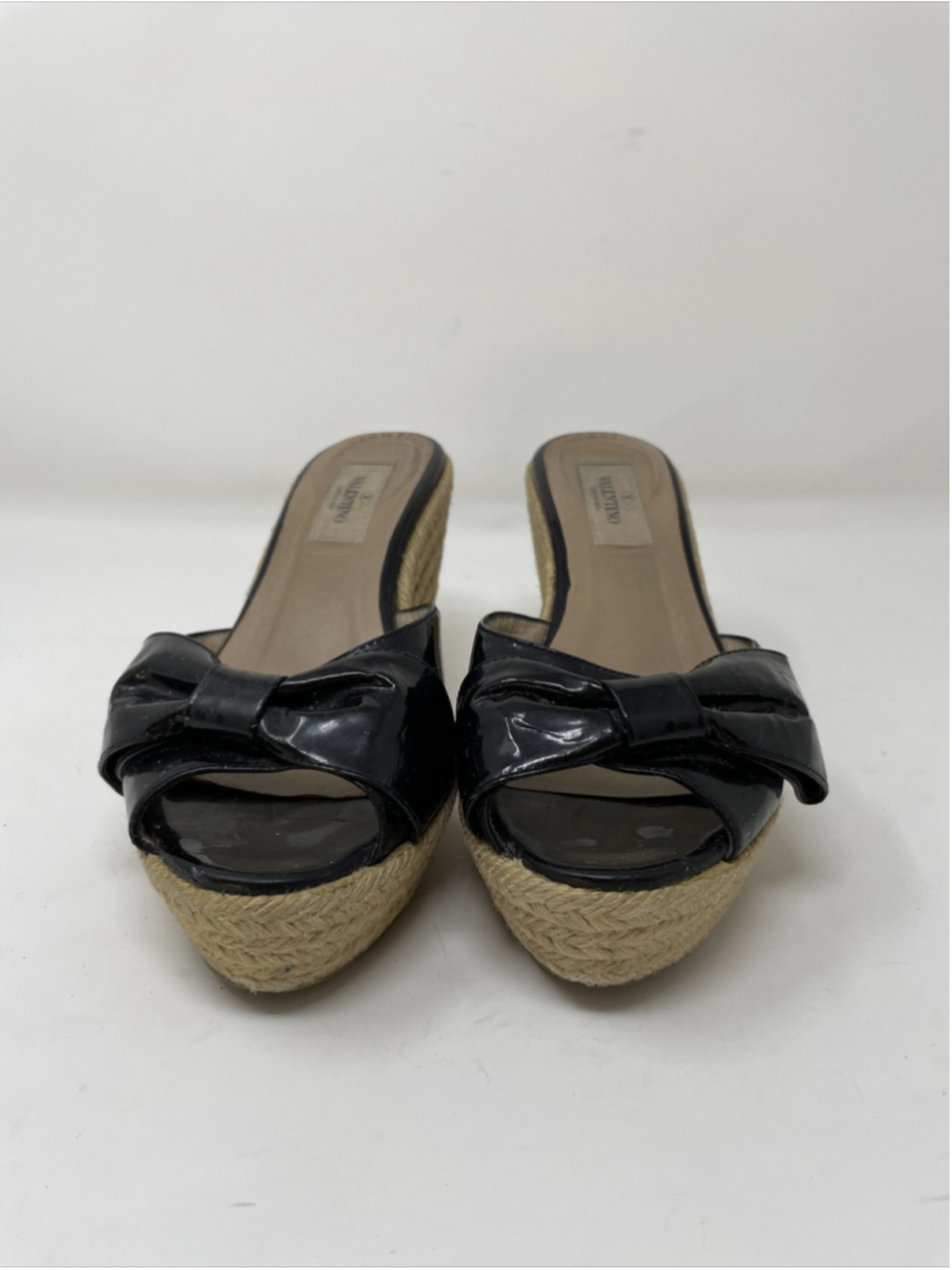 Valentino Black Patent Leather Espadrille Bow Wedges 6.5 black